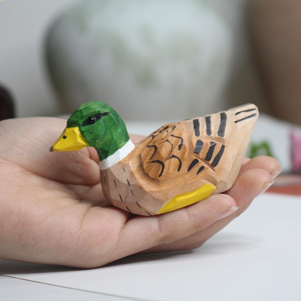 Mini Green-headed Duck Statue Handmade Desktop Ornament Wooden Duck Figure  Tabletop Display