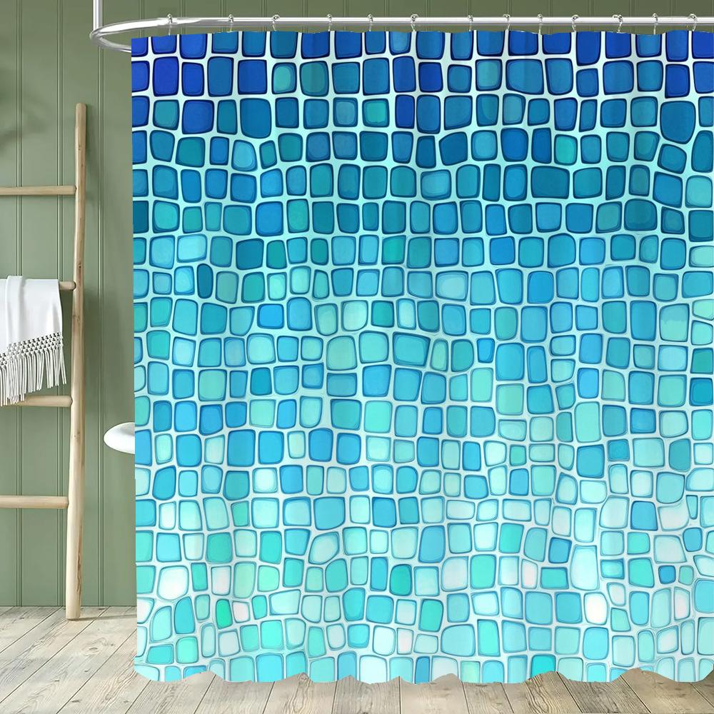 Moderner einfacher Mosaik-Duschvorhang, Blau karierter Duschvorhang für das Badezimmer, Wasserdichter Duschvorhang mit Haken