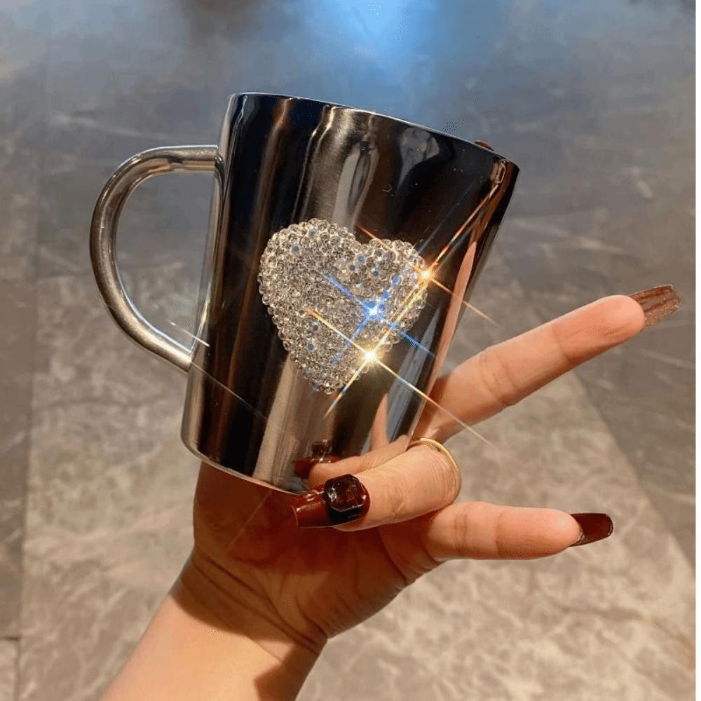 Stainless Steel Sparkling Water Cup Heart Shaped Rhinestone Studded Cup Office Use