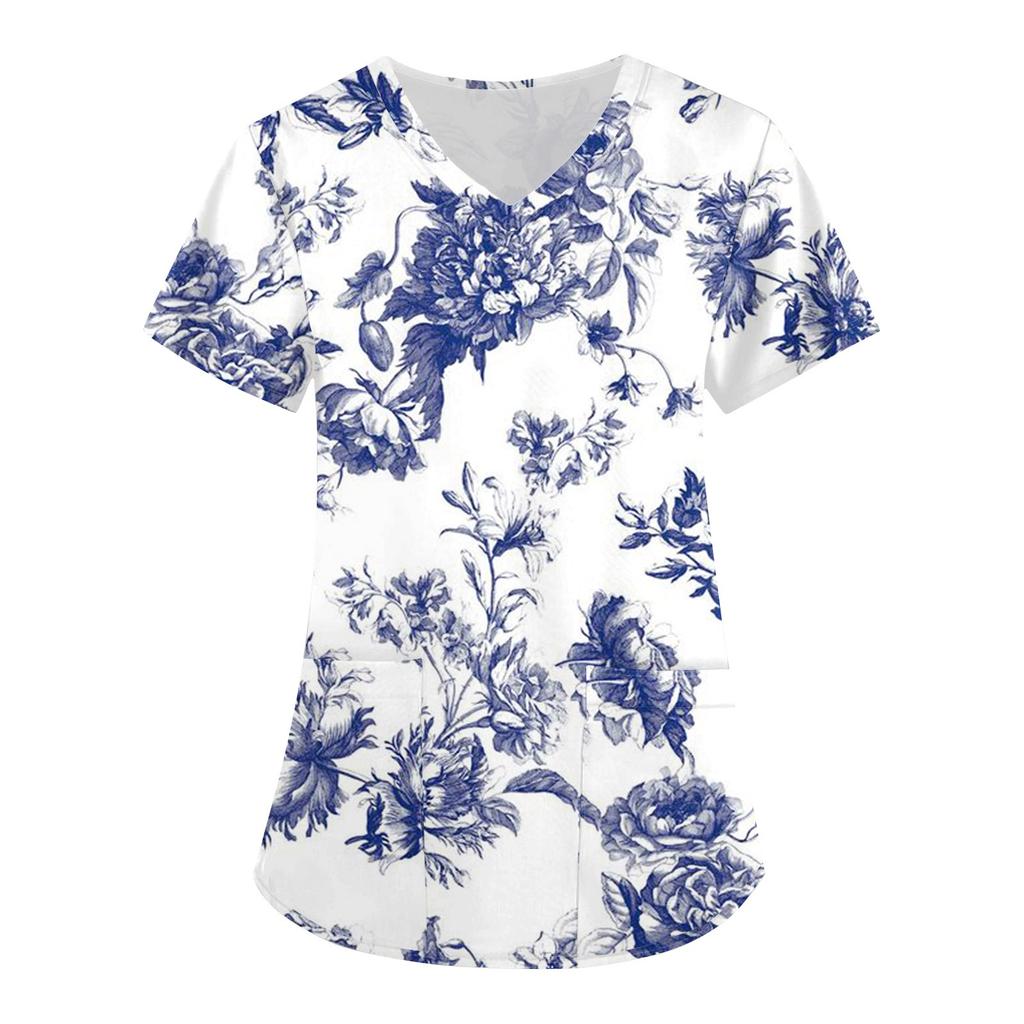 Damen Modisches T-Shirt mit Oster-Aufdruck, kurzärmelig, V-Ausschnitt, kleine Tasche, Arbeits-T-Shirt