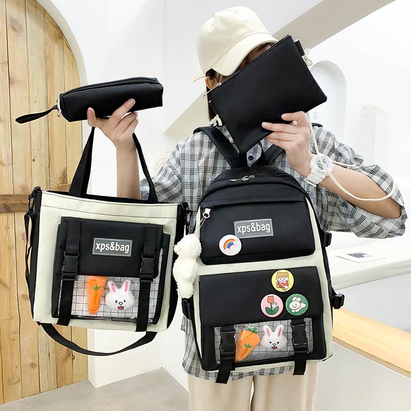Set di Zaini in Tela da 4-5 Pezzi per Studenti: Design Carino con Carota e Coniglio, Perfetto per Bambine e Bambini delle Scuole Elementari e Medie