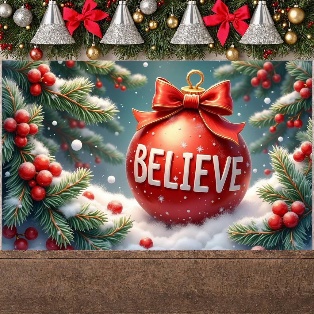 Festive Banner Red Theme Xmas Banner Holiday Banner Pine Branch For Home Decoration Mall Decoration Indoor Decor
