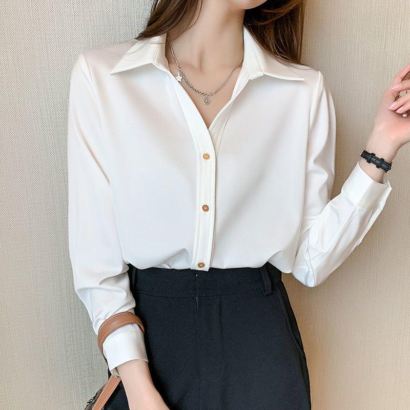 Women's V-neck Professional White Shirt - Long Sleeve, Spring/Autumn Wear.