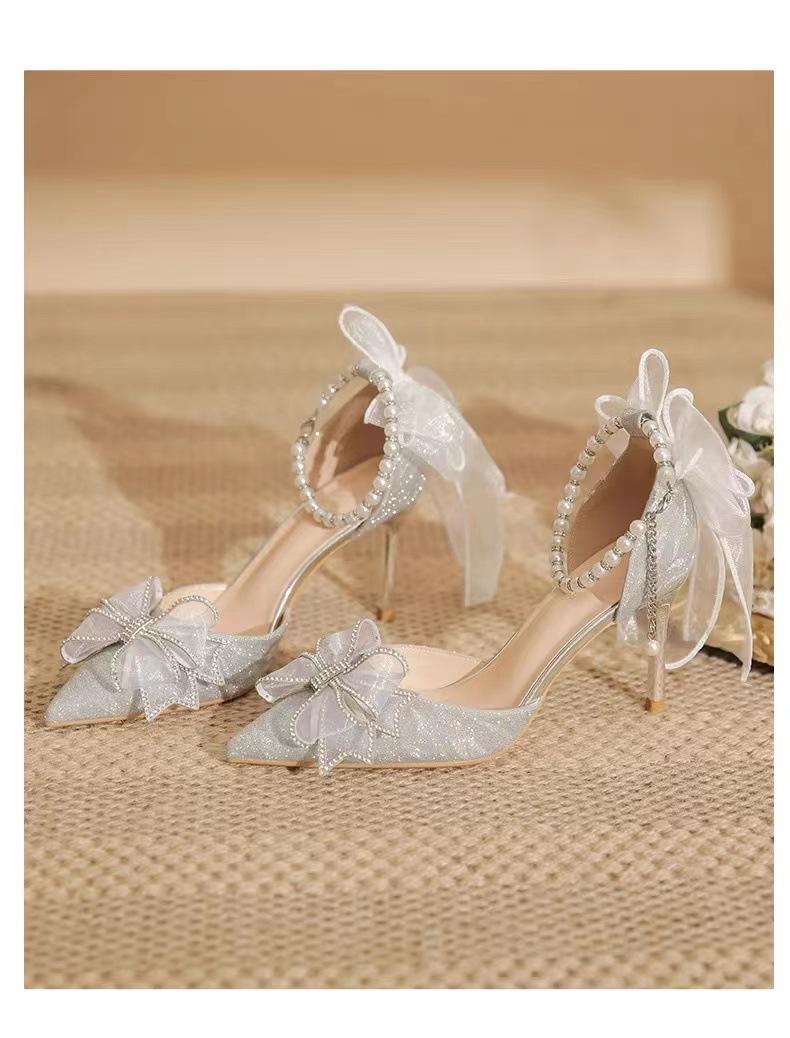 

Туфли на высоком каблуке новые остроносые с пайетками и бантом с вырезами свадебные туфли туфли для невесты остроносые одинарные туфли 36