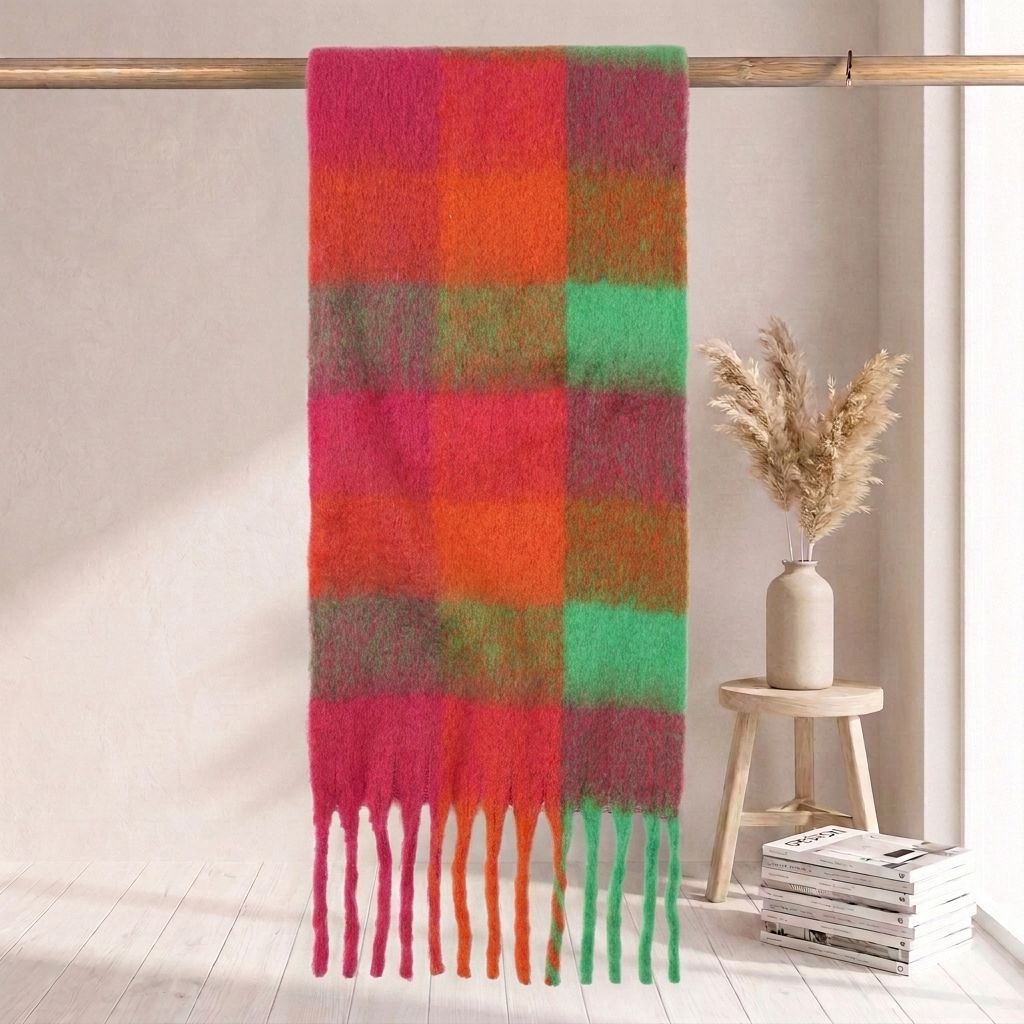 | Imitation mohair plaid scarf | Autumn and winter warm AC grid | Support LOGO customization