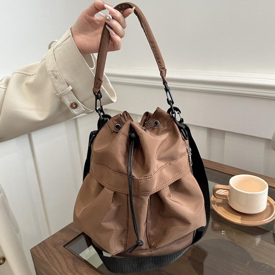 Commuter Crossbody bag for women Korean handbags casual solid color shoulder bag drawstring fold large capacity nylon bucket bag