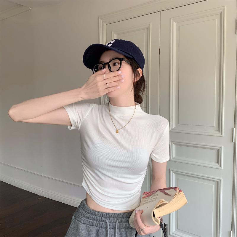Women s Mock Neck Short Sleeve Crop Top Slim Fit Ruched Detail Summer Casual T-Shirts S