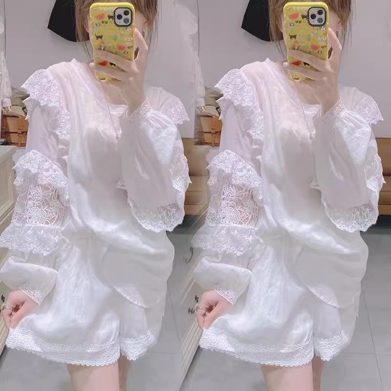 

Летняя футболка больших размеров однотонная с кружевной отделкой, с длинным рукавом, свободного кроя для женщин 4XL белый