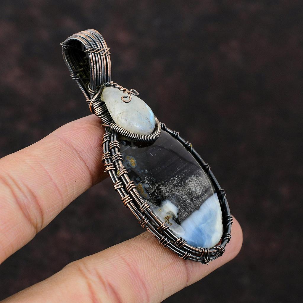 Owyhee Blue Opal Copper Wire Wrapped Pendant Rainbow Moonstone Copper Jewelry Designer Jewelry Gift For Her Handmade Dainty Gemstone Pendant