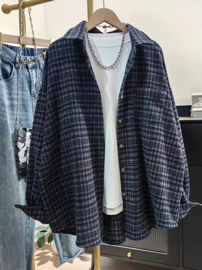 Korean Style Loose Lapel Plaid Hooded Shirt for Autumn/Winter 2025 - Plus Size, Thickened, Brushed.