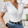 Women S White V Neck Lace Spliced Three Quarter Sleeve Jumpsuit