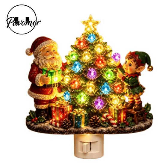Resin Christmas Tree Light Santa Elf Decorative Plug-in Night Light, Wall Indoor Holiday Lighting Nightlight, Vintage Xmas Ornament for Bedroom