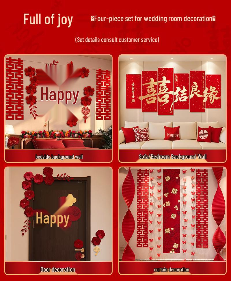 Bridal Bedroom & Living Room Decoration Set: Double Happiness Wall Stickers for Newlyweds