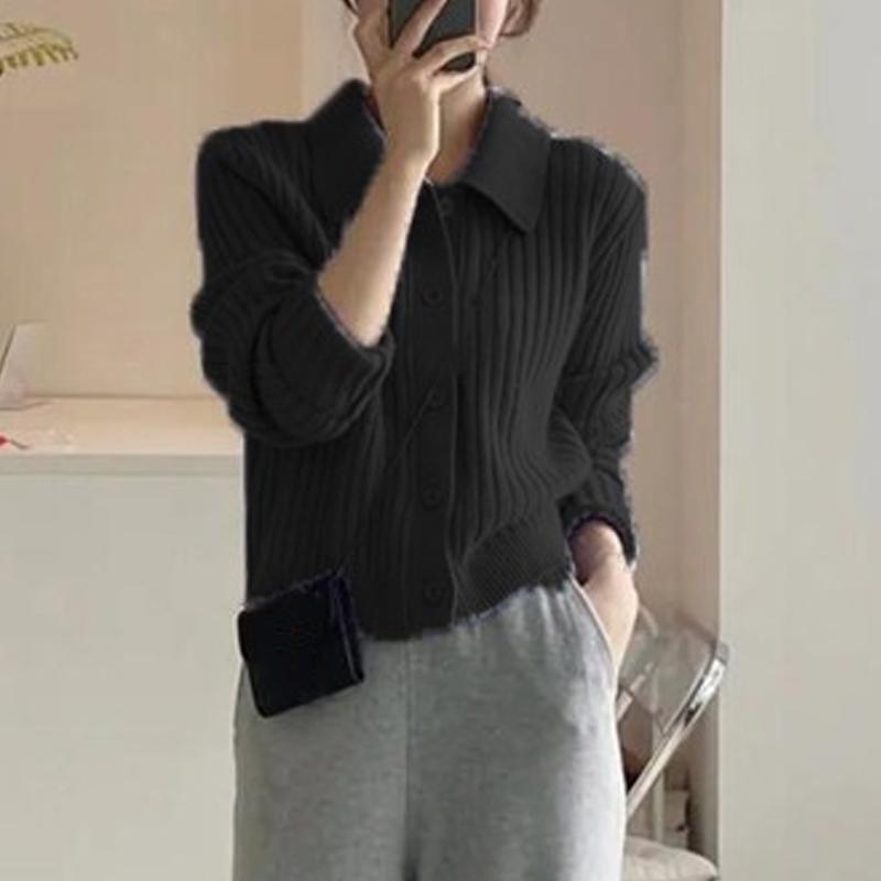 Cardigan Tricotat cu Mânecă Lungă, cu Rever, de Toamnă Iarnă, Culoare Solidă, Larg, Simplu, Topuri, Paltoane Scurte Casual pentru Femei, Îmbrăcăminte Elegantă de Birou