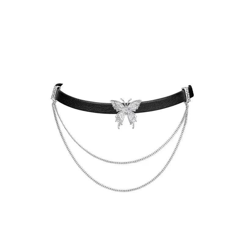 Butterfly choker fringed leather necklace female niche double clavicle chain babes sweet cool yabi wind collar necklace