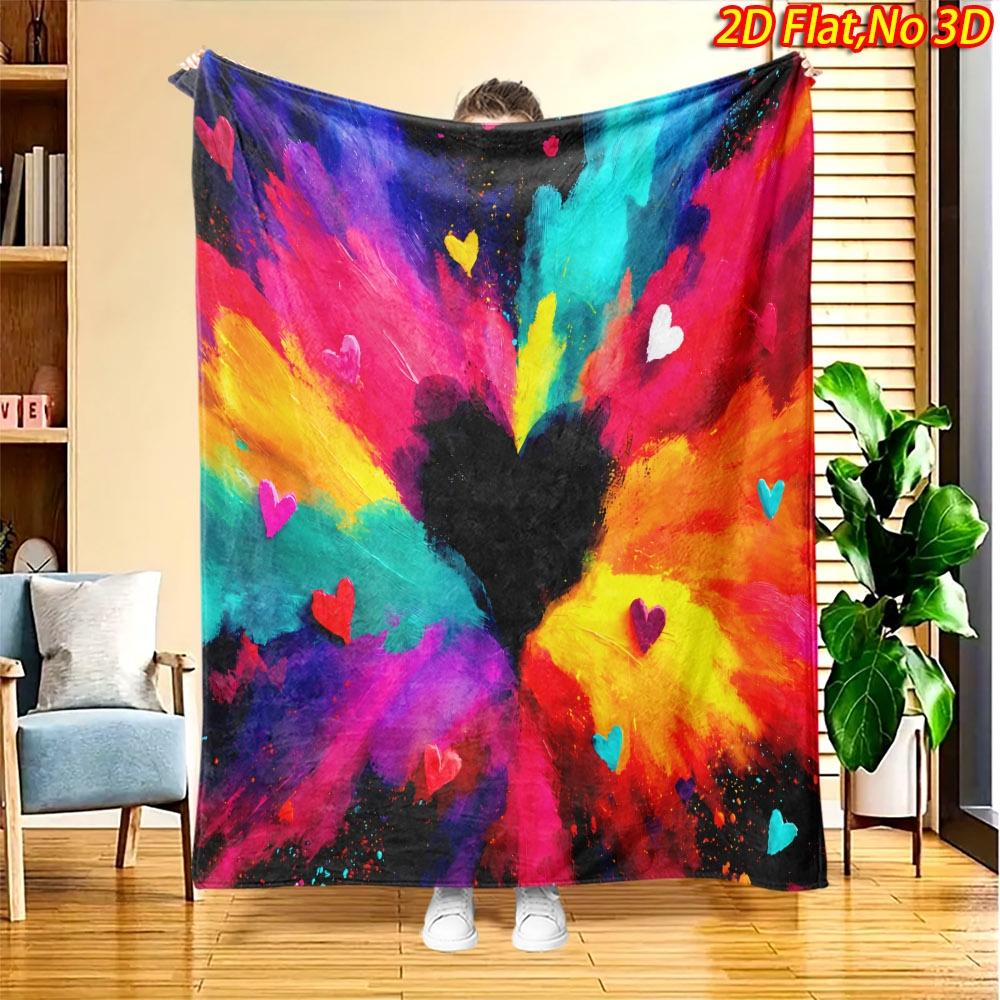 1pc 2D Flat Printing Spring & Summer New Arrival Colorful Explosion Heart Pattern Digital Print Blanket, All-Season Use, Casual Throw, 100% Polyester