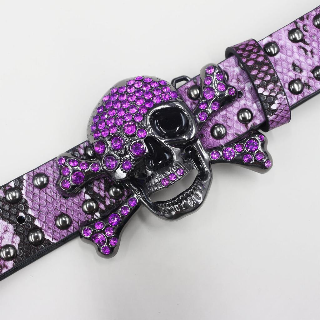 Y2K Rhinestone Skull & Snake Punk Belt - Unisex Leather with Rivet Decoration