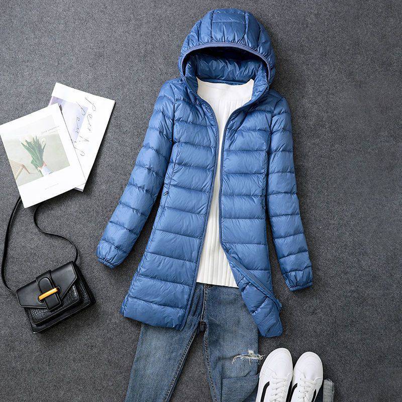 Dünne Daunenjacke für Damen im Herbst und Winter, mittellange und lange schmale Daunenjacke in Übergröße, abnehmbare Kapuze