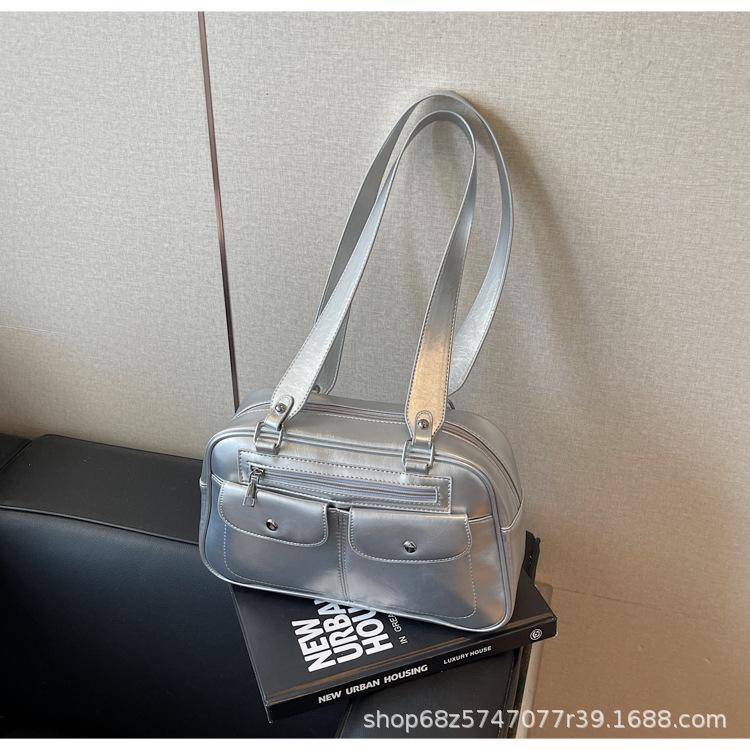 

Popular texture retro underarm bag women s 2025 new Korean foreign style portable double pocket PU leather shoulder Boston bag серебряный