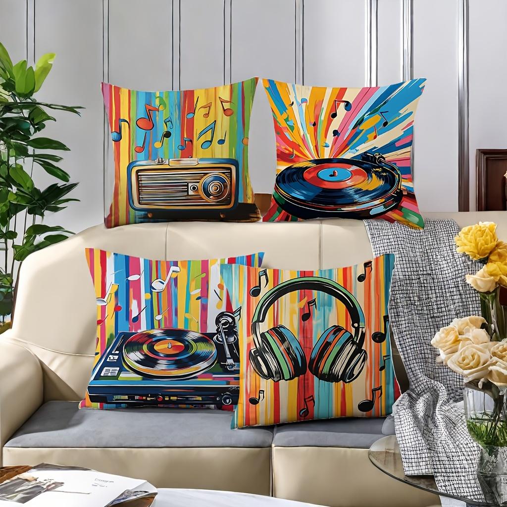 4-Piece Music-Inspired Pillowcase Set – Vintage Radio, Record Player, Headphones & Colorful Musical Notes