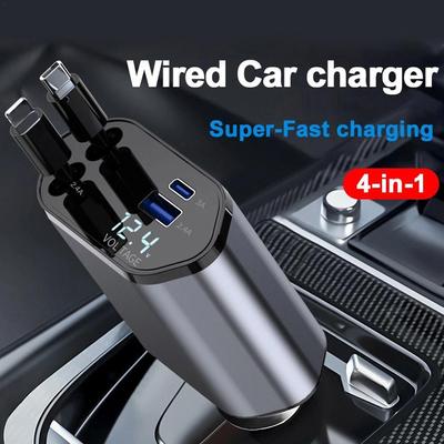 120W 4 IN 1 Fast Car Retractable Car Charger USB Type C Cable For IPhone Fast Charge Cord Cigarette Lighter Adapter