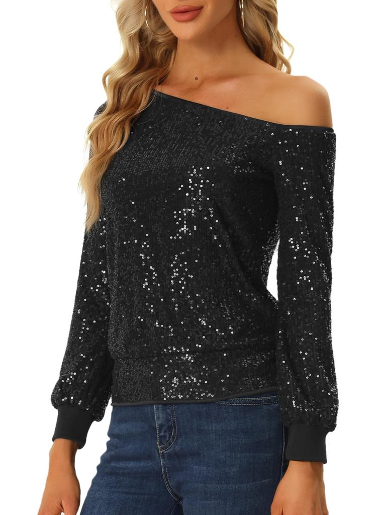 Allegra K Women's Off-the-Shoulder Sequined Blouse with Elastic Cuffs, Long Sleeve, Black, Size XL
