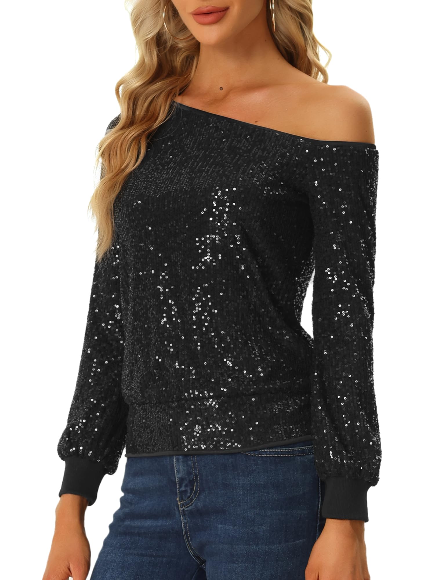 

Allegra K Women s Off-the-Shoulder Sequined Blouse with Elastic Cuffs, Long Sleeve, Black, Size XL