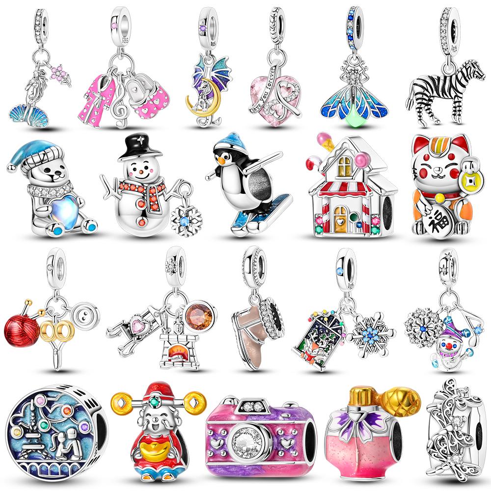 Copper Charms Snowman Penguin Lucky Cat Firefly Camera Beads Pendants Fit Original Bangle Bracelet Charm Diy Jewelry Gift