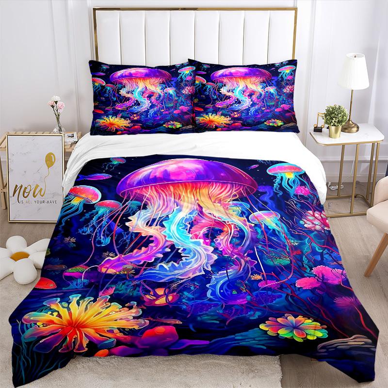 3pcs Colorful Jellyfish Bedding Set - Includes One Quilt Cover and Two Pillowcases (No Core) - Anime Cartoon Design, Perfect for Bedroom and