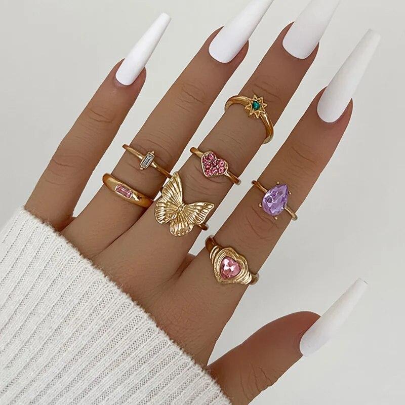 New Green Crystal Heart Kunckle Rings Set For Women Enamel Yin Yang Geometric Finger Ring Girls Fashion Jewelry