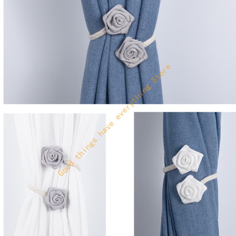 55KF 2Pcs Adjustable Curtain Tiebacks Rustics Cloth Rope and Cloth Flower Holders Holdbacks for Window Drapes Decorations