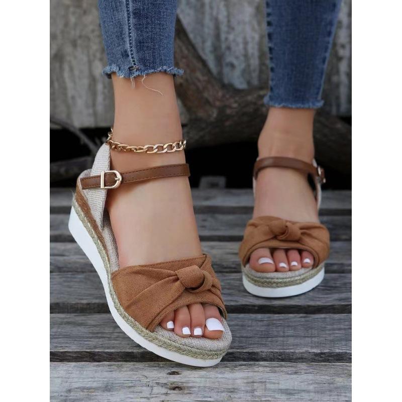New sandals women's bow hemp rope bottom light casual fish mouth thick bottom cool