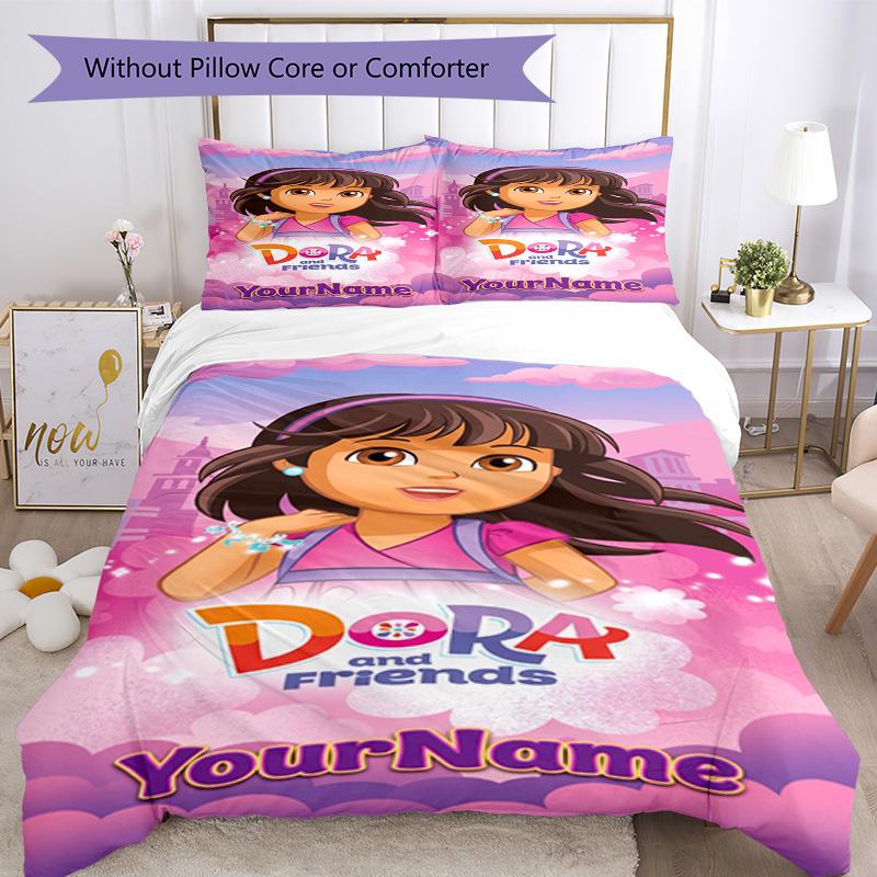 Dora Explorer Customize Your Name Bedding Set Breathable Duvet Cover with Pillowcases Home Decoration Birthday Gift