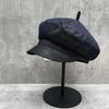 Vintage Age-Reducing Leather Tweet Dark Blue Pinstripe Newsboy Hat Women'S Autumn Beret Versatile Painter Hat