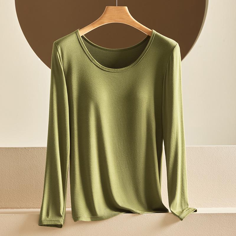 

Модальная женская осенняя облегающая однотонная майка с нагрудными вкладышами - тонкая с круглым вырезом больших размеров нижнее белье XL (115-140 lbs) зелёный/горчичный