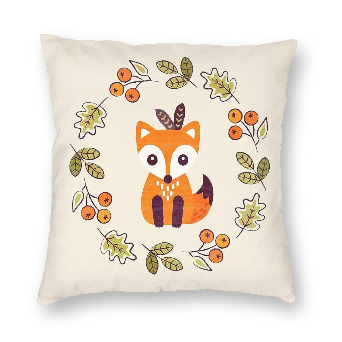 Little Red Fox With Autumn Berries Square Pillowcase Polyester Linen Velvet Printed Zip Decorative Sofa Cushion Cover Peach skin 18*18(CM)-1Pcs