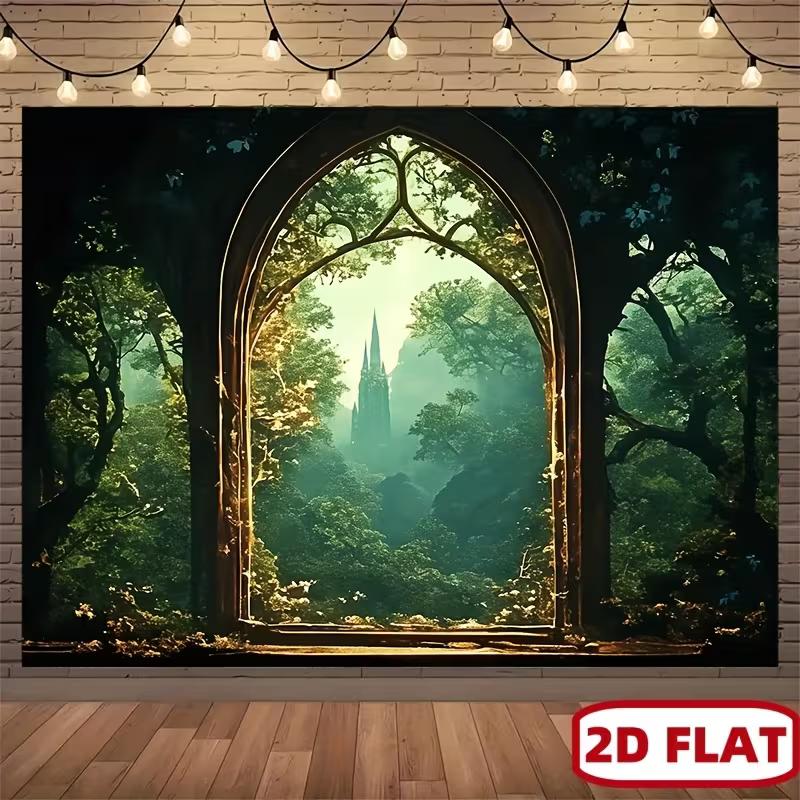 2D Magical Fantasy Forest Window with Elven Castle Party Backdrop 47.2x31.5inch/120*80cm