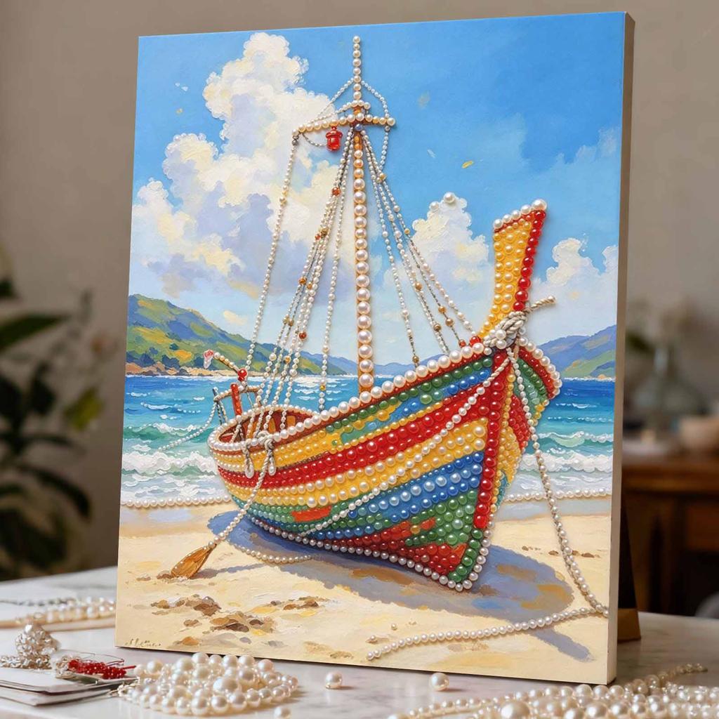 Colorful Longtail Boat Pearl Art Canvas with Frame 3D Shiny Bead Painting Modern Room Decor Relaxing DIY Craft Gift