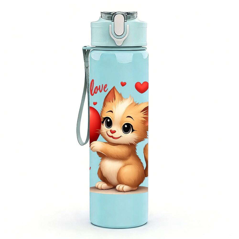 1PC I Love You Valentine Kitten 750ml Color Plastic Sports Water Bottle Leakproof Flip Straw Lid Suitable for Sports Office Home Use