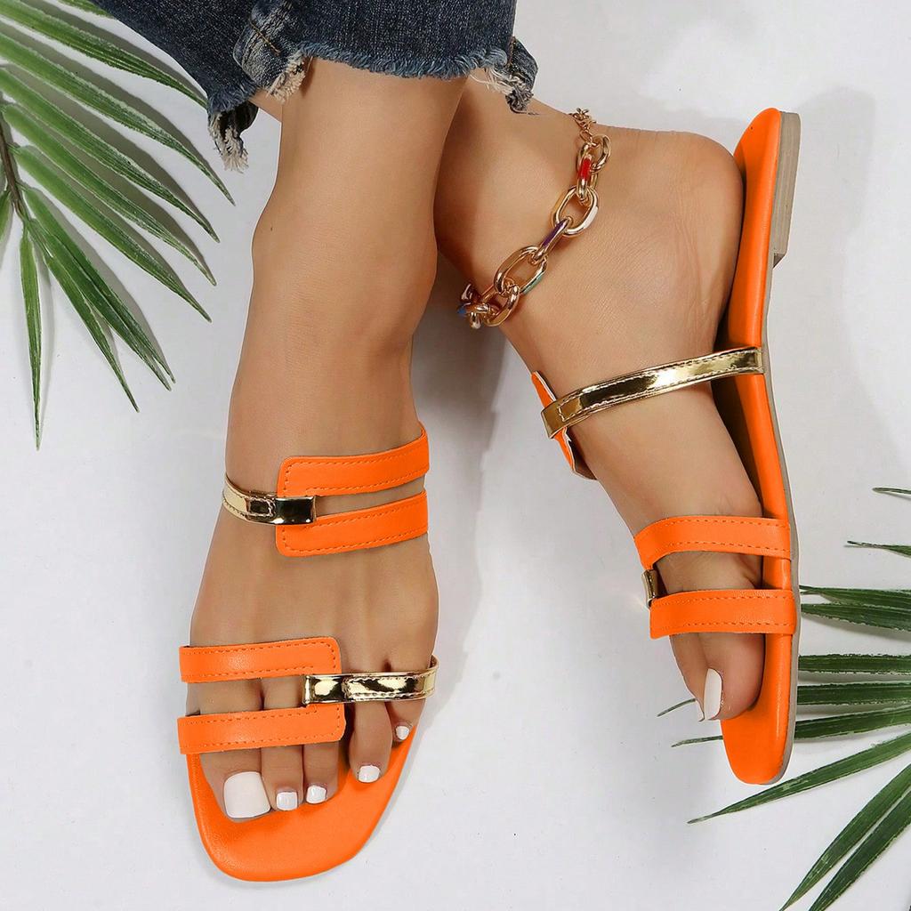 Massage Sandals Women Women'S Flat Soled Fashionable Patchwork Color Square Toe Slippers Fashionable Chaussures Femmes éLéGantes