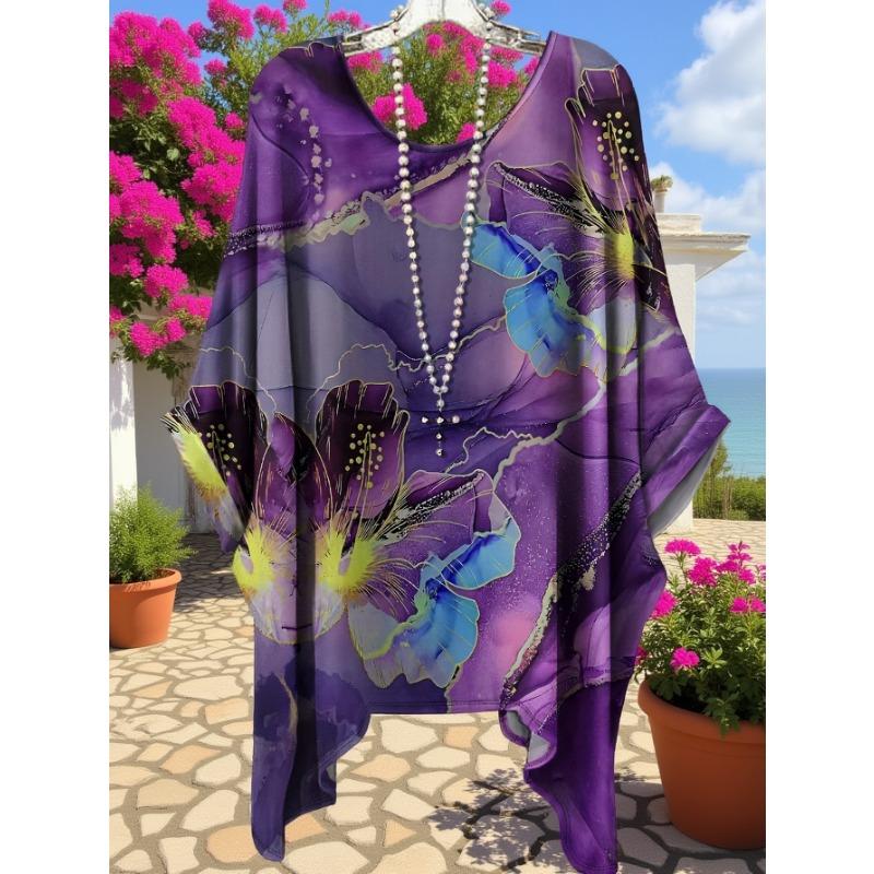 

Women Plus Size Purple Floral Print T-Shirt Swallowtail Hem Round Neck Short Sleeve Casual Summer Tops 5XL