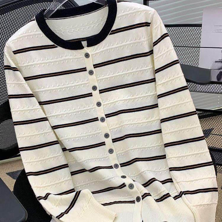 Colorblocking Gestreifter Rundhals Langarm Strick-Cardigan für Herbst und Winter