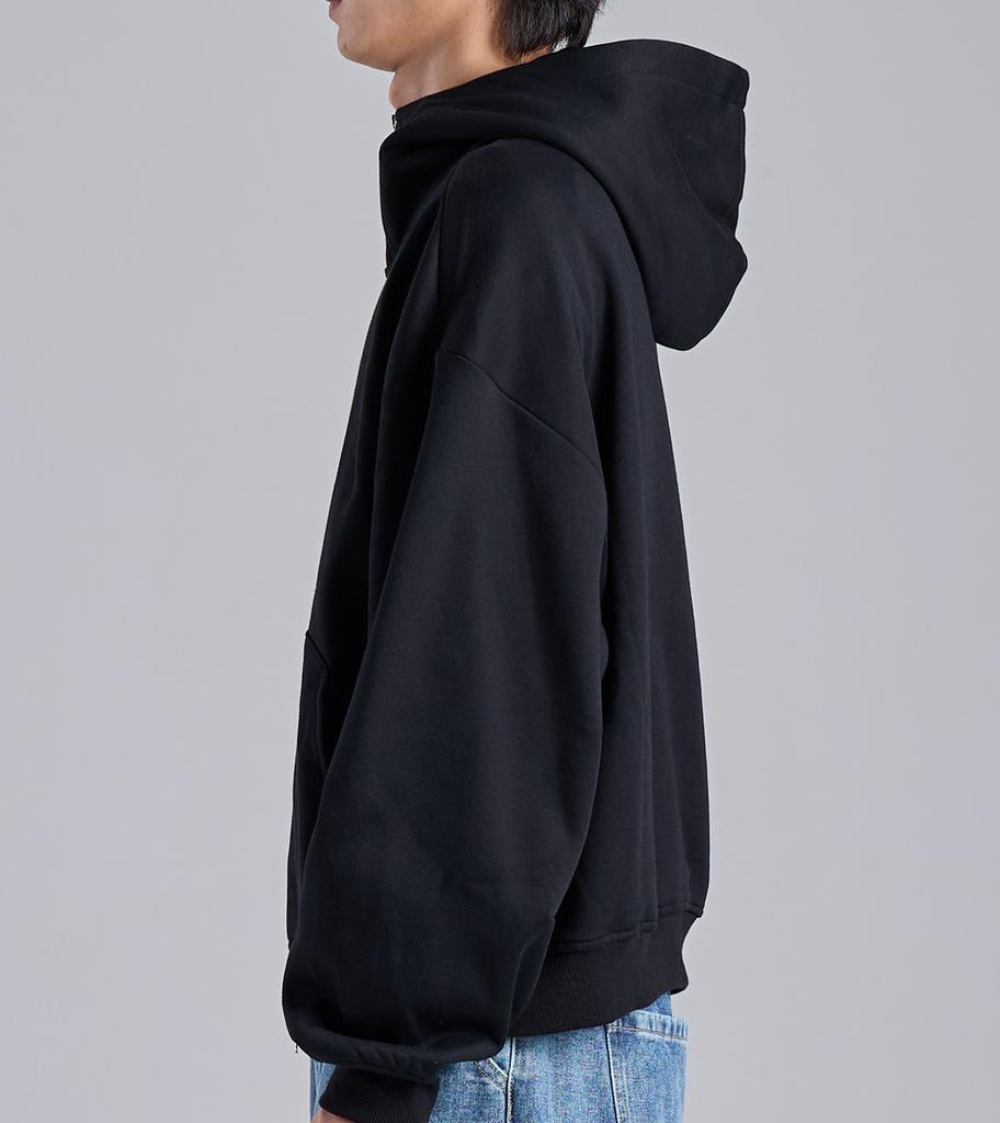 Button Seoul Two-Way Minimal High-Neck Cotton Zip-Up Hoodie (Black)