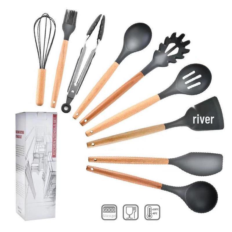 11-Piece Wooden Handle Silicone Kitchenware Set - Includes 9 Kitchen Tools, Spatula, and Spoon.