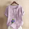 Women's New Fashion Linen Shirt Round Neck Short Sleeve Purple Flowers Printed T-shirt Summer Ladies Casual Plus Size Blouse Tops