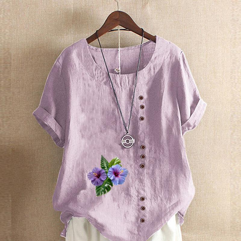 Women's New Fashion Linen Shirt Round Neck Short Sleeve Purple Flowers Printed T-shirt Summer Ladies Casual Plus Size Blouse Tops