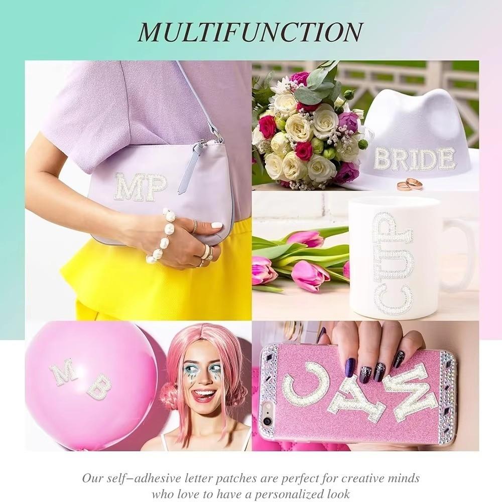 Non-woven Letter Patches Resin Rhinestone Accents Alphabet Appliques Pearl Embellished Adhesive Backing Tape Bag Decoration