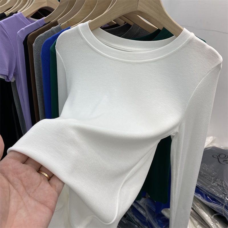 European O-neck Solid Color Long Sleeve T-shirt  Spring New Fashionable Versatile Elastic Bottom Shirt Top