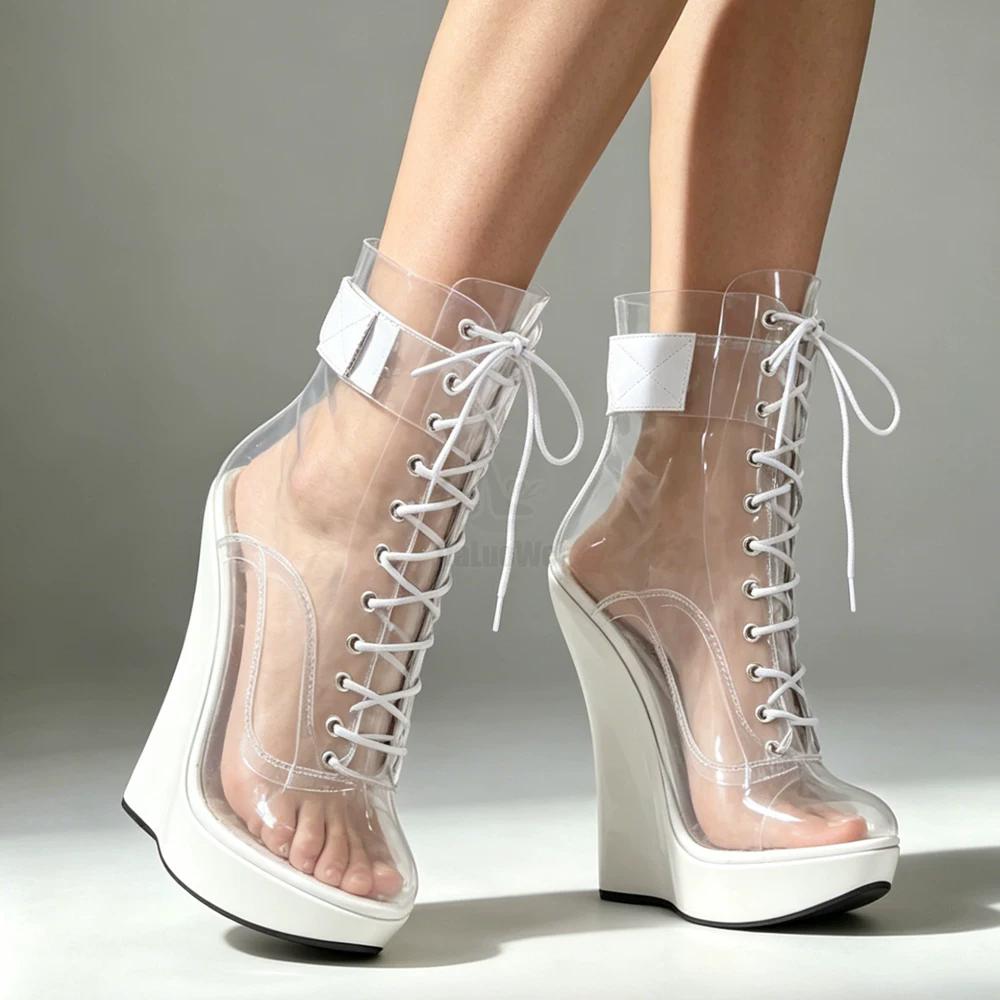 Women Sexy Fetish Super High 18cm Super Wedge Heel Pointed Toe Zipper Cross-tied Ankle BALLET Boots Plus Size