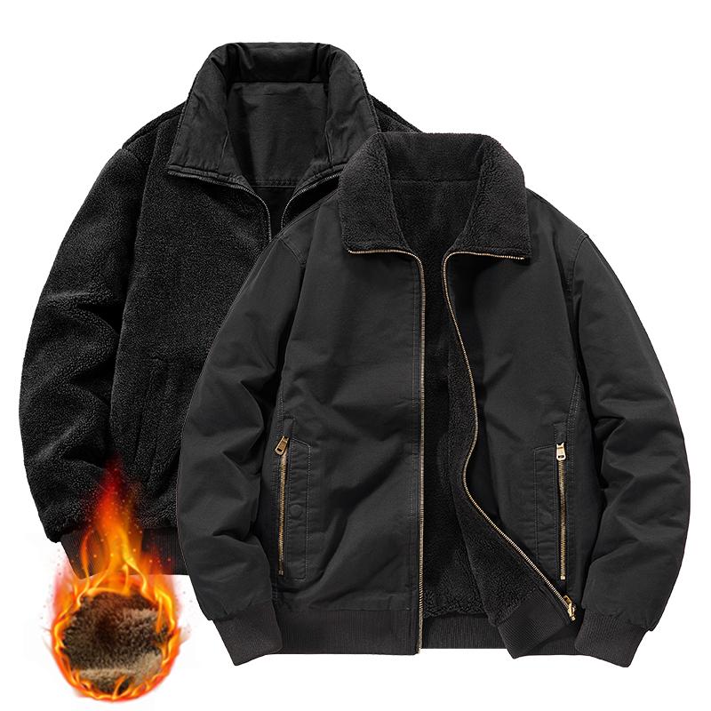 Zimowa dwustronna męska kurtka robocza z wełną jagnięcą i pogrubioną czystą bawełną, z kołnierzem stójką, casualowa, ciepła kurtka